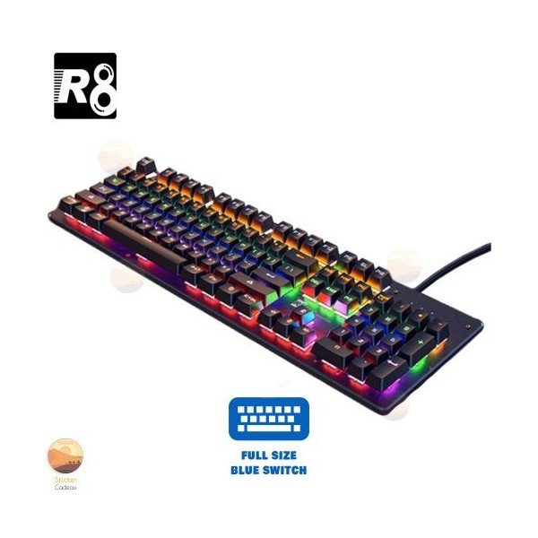 R8 Clavier mecanique gaming filaire retroéclaire gamer par LED RGB blue switches 104 keys 26 modes et sticker